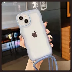 スマホケース iPhoneケース アイフォン ソフトケース 新品 未使用 青 クリア 人気 ウェーブ フルカバー 薄型 ショルダーおしゃれ 韓国 可愛い 紐つき 便利 安い 激安  iPhone14 iPhone15  iPhone16ブルー