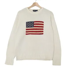 90年代 Polo by Ralph Lauren ポロ ラルフローレン 星条旗 コットンニット セーター ホワイト (メンズ L) 中古 古着 A4312