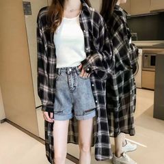 シャツワンピース チェック 長袖 レディース 羽織り ロングシャツ 前開き シャツ ロング 秋 大きいサイズ ブラック 黒 秋冬 チェックシャツ カジュアル 韓国ファッション 黒 XL XXL XXXL LL 2XL 3XL 韓国 服「27522-2」