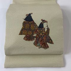 名古屋帯 秀品 二代目 更甚 落款 童 草花 縮緬 抹茶色 正絹 【中古】