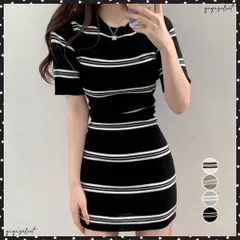 サマーニットワンピース ボーダー柄 韓国レディース ラウンドネック タイトワンピース カジュアル 普段使い チュニックワンピ 春夏 ショート丈セクシーワンピース半袖ミニワンピース 着やせワンピお洒落 着回し夏ワンピース