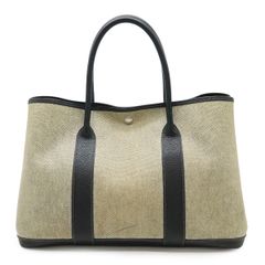 HERMES エルメス ガーデンパーティPM トートバッグ ハンドバッグ トワルアッシュ コーティング キャンバス レザー グレー ブラック 黒 □F刻印