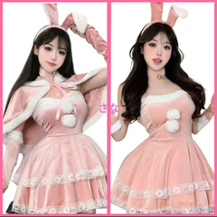 【新品】うさ耳カチューシャ＆ケープ付♥セクシーバニーサンタ　衣装　ふわふわ　コスチューム　可愛い　ピンク　赤　レッド　クリスマス　Christmas　イベント　撮影会　パーティー　ルームウェア　ランジェリー　バレンタイン