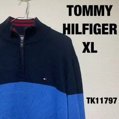 TOMMY HILFIGER ニットトレーナー 長袖 XL ブルー ネイビー セーター ワンポイント 刺繍 ハーフジップ トミーヒルフィガー RN77806 古着 TK11797