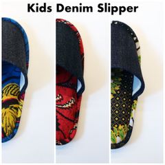 【Heiwa Slipper / 平和スリッパ】Kids Denim×Batik Slippers M (19cm〜20cm)【A〜C】/  キッズ ルームシューズ 室内履き デニム バティック スリッパ