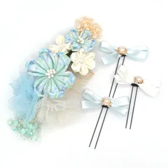 髪飾り ４点セット 京都 西陣 和小物 京あそび MIYAKO ASOBI 水色 成人式 花 和風 浴衣 着物 振袖 袴 七五三 キッズ 結婚式お呼ばれ 卒業式 入学式 コーム 髪留 子供 日本製 送料無料 W 95 CM-T7-0745 w932　Si
