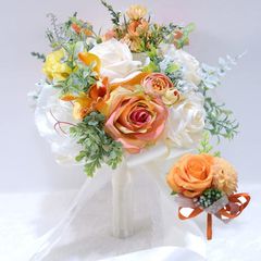 【人気商品】ブートニア 花嫁ブーケ バラ 薔薇の花 ウエディングブーケ ブライダルブーケ ラウンドブーケ 花束 造花 欧米風 挙式 misaki 結婚式 パーティー ニ次会 撮影 ホワイト+オレンジ