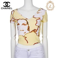 【返品可】CHANEL シャネル ココマーク 総柄 半袖 カットソー トップス Tシャツ 38 イエロー ブランド アパレル