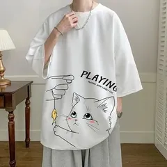 ホワイト色★XLサイズ　猫柄　Tシャツ  半袖 メンズ　ねこ　キャット　プリント