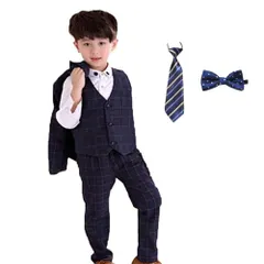 160_ネイビー [asayurii] 8点セット 子供 フォーマルスーツ 男の子 入学式 卒業式 キッズ服 チェック柄 スーツ 卒園式 結婚式 発表会 七五三 タキシード 紳士服 ブレザー (160, ネイビー)