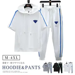 メンズ パーカー セットアップ 半袖 パーカー シャツ ロングパンツ ポケット付き トレーニングウェア ゆったり 吸汗 速乾 スポーツ カジュアル ブラック 白 夏