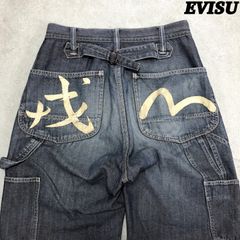 EVISU ペインターパンツ カーペンターパンツ ワークパンツ デニムパンツ ジーンズ ヴィンテージ加工 ユーズド加工 ヘリンボーン 戒 カモメ シンチバック ボタンフライ W30 青系 インディゴブルー エヴィス