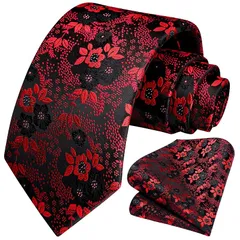 [HISDERN] ネクタイ 花柄 メンズ 赤 おしゃれ フォーマル ネクタイ チーフ セット ビジネス ネクタイ フラワー シルク ブランド 結婚式 二次会 礼服用 高級 派手