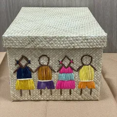 かご　バリ島直輸入　収納ボックス　裁縫箱　蓋付き収納　パンダン素材　刺繡付き　アジアン雑貨　インテリア小物　長方形　展示品