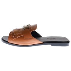 HERMES (エルメス) オートゥイユ Hロゴバックル タッセル フリンジ フラットサンダル シルバー金具 ブラウン/ブラック レディース