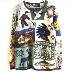 90s RL95 ヴィンテージ Polo by Ralph Lauren ポロ バイ ラルフローレン ネイティブ柄 ハンドニット 麻 綿 セーター 160