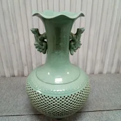 ◯  花瓶 青磁 大型 華道 茶道 工芸品 焼物 骨董 置物 B