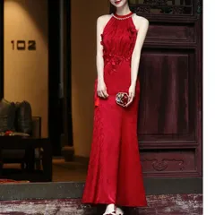 カラードレス 赤  カクテルドレス ロングドレス パーティードレス 発表会 演奏会 ステージドレス コンクール イブニングドレス 袖なし ホルダーネック タイト チャイナドレス風 0920