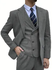 スーツ メンズ 3点セット ツイードスーツ ウールブレンド ヘリンボーン ウェスタン ヴィンテージ 新郎ベストマン ウェディングスーツ フォーマルイベント ワーキング ビジネスパーティー エレガント レトロタキシードスーツ ブレザー+ベスト+パンツ グレー