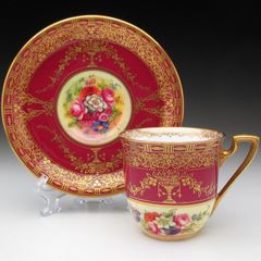 ロイヤルウースター ワインレッド地金彩花束絵 カップ＆ソーサー アンティーク 1929年 (d)