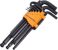 メトリック 六角レンチ 9本セット ロング 1.5, 2, 2.5, 3, 4, 5, 6, 7, 8, 10 mm フックホルダー付き マイケルプロ MP001048 工具 整備用品 メンテナンス 修理 DIY 自動車 バイクの整備に MichaelPro