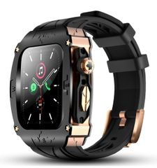 ★YiMingSun Apple Watch用メタルケース Apple Watchシリーズ9 8 7 45mm用 メンズ 頑丈なケース バンパー 頑丈なメタルカバー バンド付き iWatch 6 5 4 SE 44mm用 (ブラック - ローズゴールド)