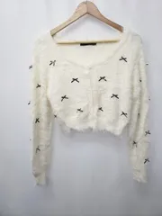 ◇ ⊇ Heather ヘザー シャギーニット リボン ショート丈 長袖 カーディガン サイズF ホワイト系 レディース E  【1506110004277】