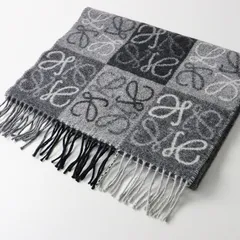 美品 ロエベ LOEWE Cashmere Wool Anagram Scarf アナグラム切替 カシミヤウール フリンジマフラー//グレー【2400014352399】