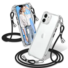 iPhone 12 mini ケース クリア ショルダー 耐衝撃 iPhone12mini スマホケース 透明 織りストラップ付き 肩がけ 首掛け 紐付き アイフォン12mini カバー 縄掛け シングルショルダーロープ 斜めがけ 調節可能なショルダー ク 1