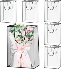 A'sTool 透明フラワーバッグ 5枚セット 生花 花束 ブーケ 持ち運び 袋 生花用 フラワーアレンジメント ブリザードフラワー 手提げ ラッピング 持ち帰り 防水 プレゼント クリアー 透けてる ギフトラップ 花屋(ブラック)