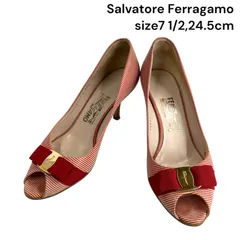 サルヴァトーレフェラガモ 7ハーフ 24.5cm パンプス ハイヒール オープントゥ リボン レッド レディース S5P218