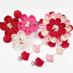 七五三 髪飾り 三歳 七歳 日本髪 つまみ細工 赤 花 2個セット ピンク パッチン留め かんざし ちりめん ビラ お正月 髪型 ヘア No.9-4098