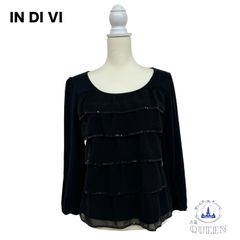 ☆美品☆ INDIVI インディヴィ カットソー 長袖 フリル スパンコール レイヤード レディース ブラック 38 日本製 v-97 送料無料