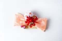 髪飾り　成人式　振袖　卒業式　和風リボン　ピンク　赤　組紐　金の鈴　HA-461