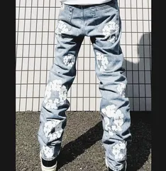 デニムパンツ メンズ ジーンズ 花柄 プリント ペイント風 ストリート系 韓国ファッション ワイドパンツ ダボパン 個性 おしゃれ 流行 トレンド 春 夏 秋 冬 [1082]