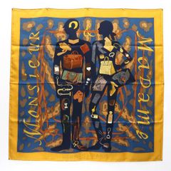 HERMES カレ90 MONSIEUR ET MADAME ムッシュ&マダム 黄色×青系 シルク スカーフ 美品 箱 エルメス ◆送料込◆質屋-11057