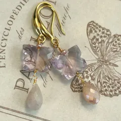 蝶々ピアス　アメトリン・淡水パール・コーティングムーンストーン　14kgf　バタフライカービング　ハンドメイドピアス　天然石ピアス　イヤリング