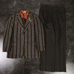【VINTAGE】英国風 VAN 5点セット セレモニー シングルスーツ セットアップ 上下 ジャケパン 太ストライプ柄 ブラウン系 ヴァンジャケット Mサイズ 成人式 卒業式 結婚式（ユーロピンズ＆シャツ＆ネクタイ おまけ）No.80