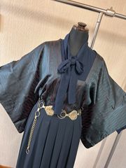 和洋折衷コーデセット｜ロング道行羽織コーデ モダン　カジュアル着物　ネイビー系 レトロ アンティーク 和洋折衷 ガーリー ヴィンテージ風 ネイビー系 シルエット　3点セット