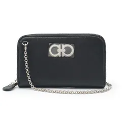 サルヴァトーレフェラガモ ガンチーニ ショルダー チェーンウォレット ミディアム ラウンドファスナー ジップ 財布 カーフスキン レザー ネロ ブラック 黒 シルバー金具 22B934 Salvatore Ferragamo（未使用　展示品）