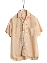 【お得なクーポン配布中!】 60s USA製 オープンカラー レーヨン 半袖 ドレス シャツ メンズ M / ヴィンテージ 開襟 半袖シャツ ボックス クロシェ レース ポケット付き