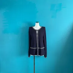 1606 スーパービューティー　ビーズ装飾 ネイビー 長袖カーディガン　シルク混