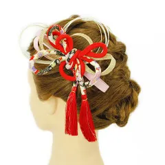 髪飾り 成人式 水引 赤 振袖 前撮り 袴 浴衣 夏祭り 花火大会 ピンク ゴールド リボン 和柄 ちりめん 組紐 房付き ヘアアクセ No.9-3529