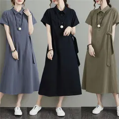 シャツワンピース 未使用 レディース 夏 綿麻 ワンピース 折り襟 半袖 ロングワンピース 無地 韓国風 ゆったり 通勤 カジュアル 大きいサイズ 全3色  xyxzy10
