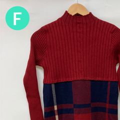 ロングワンピース ニットワンピース 長袖 タートルネック チェック柄 レディース エンジ Fサイズ【CT1346】