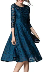 フレアスカート ワンピース ドレス 【グリーンドレス　サイズM】総レース ひざ丈 七分袖 レディース　入学式　卒業式　結婚式