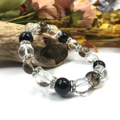 スモーキークォーツ×水晶×オニキス パワーストーン ブレスレット (シルバー)10mm メンズ・レディース　浄化済み △