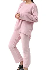 [アウニイ] パジャマ レディース ファー フリース ラウンドトップス ラウンドネック 秋 冬 セットアップ 長袖 ロング パンツ カジュアル 部屋着 ロング丈 チュニック シンプル かわいい フワフワ 大きい サイズ [無地 ピンク / 8238] [LL]