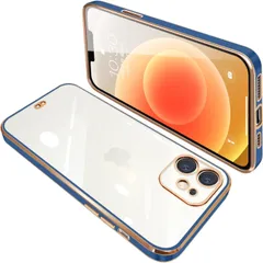 iPhone12 mini ケース クリア 透明 アイフォン12mini カバー スマホケース 全面保護 耐衝撃 TPU メッキ加工 シリコン スリム 薄型 ストラップホール付き 落下防止（ブルー）