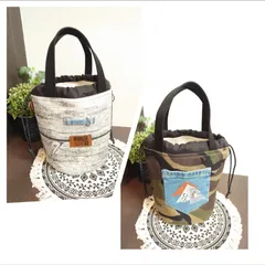 No.61【DENIM✖️カモフラ✖️木目】丸底巾着バッグ❤️コットンパール✨ しっかり硬め